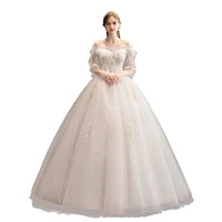 2022 new sexy boat neck long sleeve wedding dress elegant off the shoulder embroidery lace up simple bride gown robe de mariee