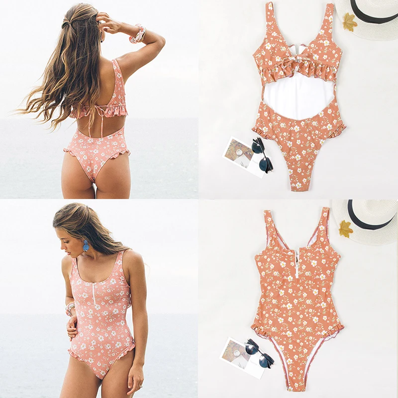 Женский слитный купальник Miyouj однотонный с оборками и цветочным принтом бикини v