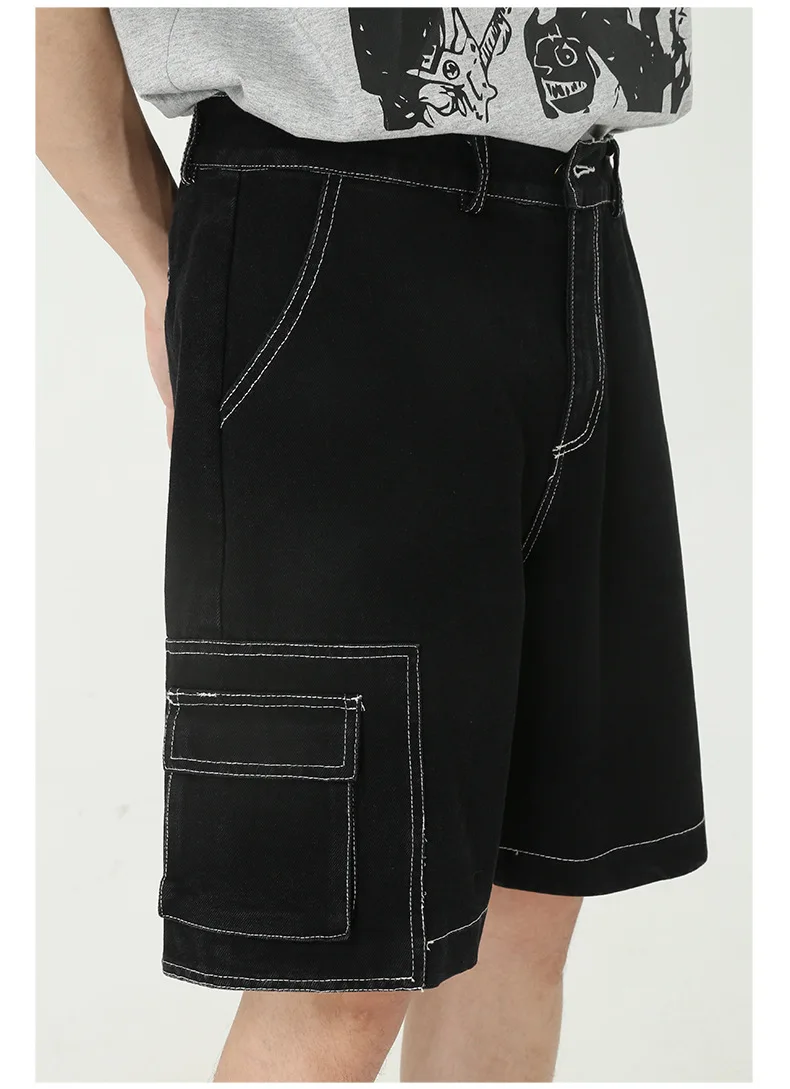 

IEFB Men's Clothing 2021 Summer New Shorts Wash White Line Stereo Pocket Design Straight Loose Black Knee Length Pants 9Y6375