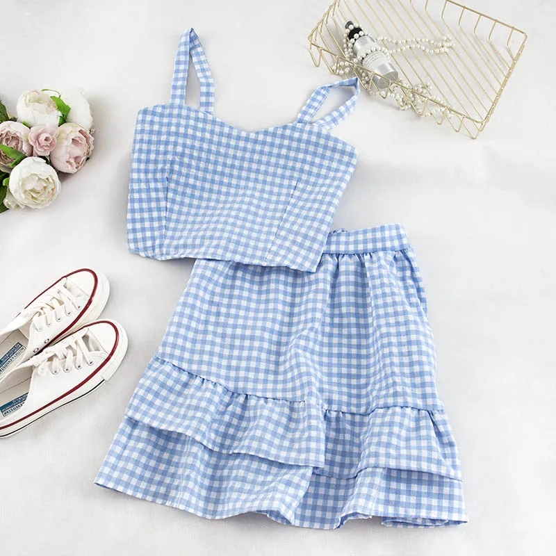 

Abrini 2021 Summer Sets Plaid Spaghetti Tops And Skirt Women Sets Skirt Patchwork Sets Femme Two Pieces Outfits Sets Ruffles