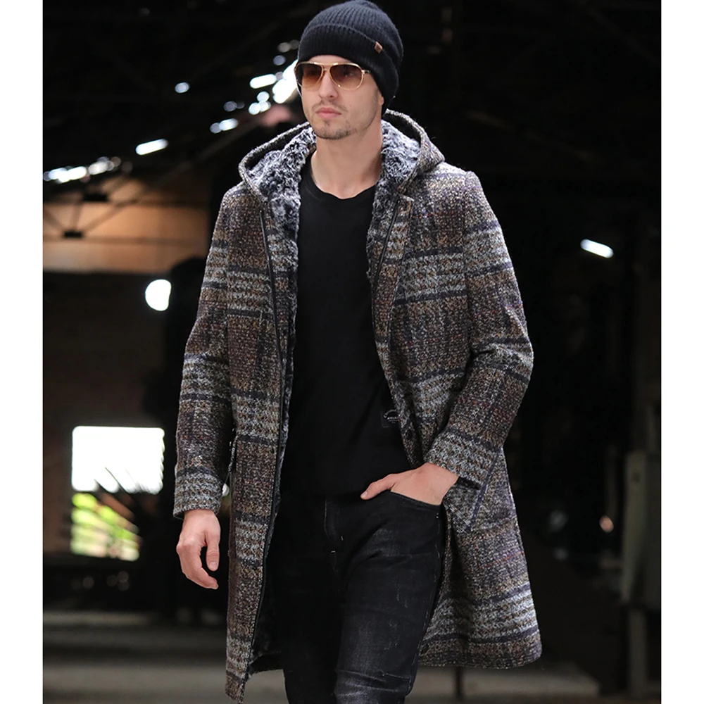 Мужская длинная Шуба с капюшоном SANI коричневая теплая шуба из натурального меха