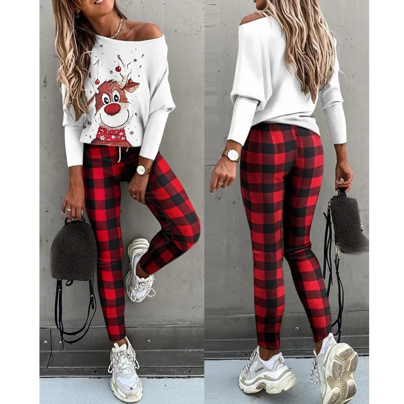 

Women's Casual Tracksuit 2Pcs Christmas Costume Winter Top Pants Suit Printed Long Sleeve Round Neck Elastic Waist Clothing Set