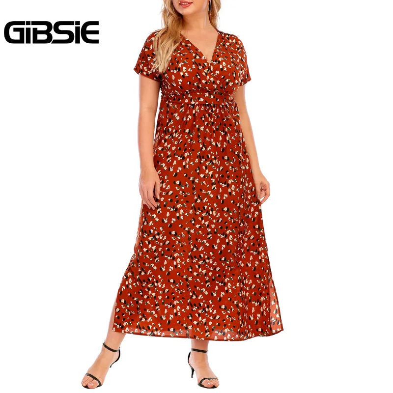 GIBSIE верхняя часть шеи поясом принт Разделение длинное платье для женщин летние