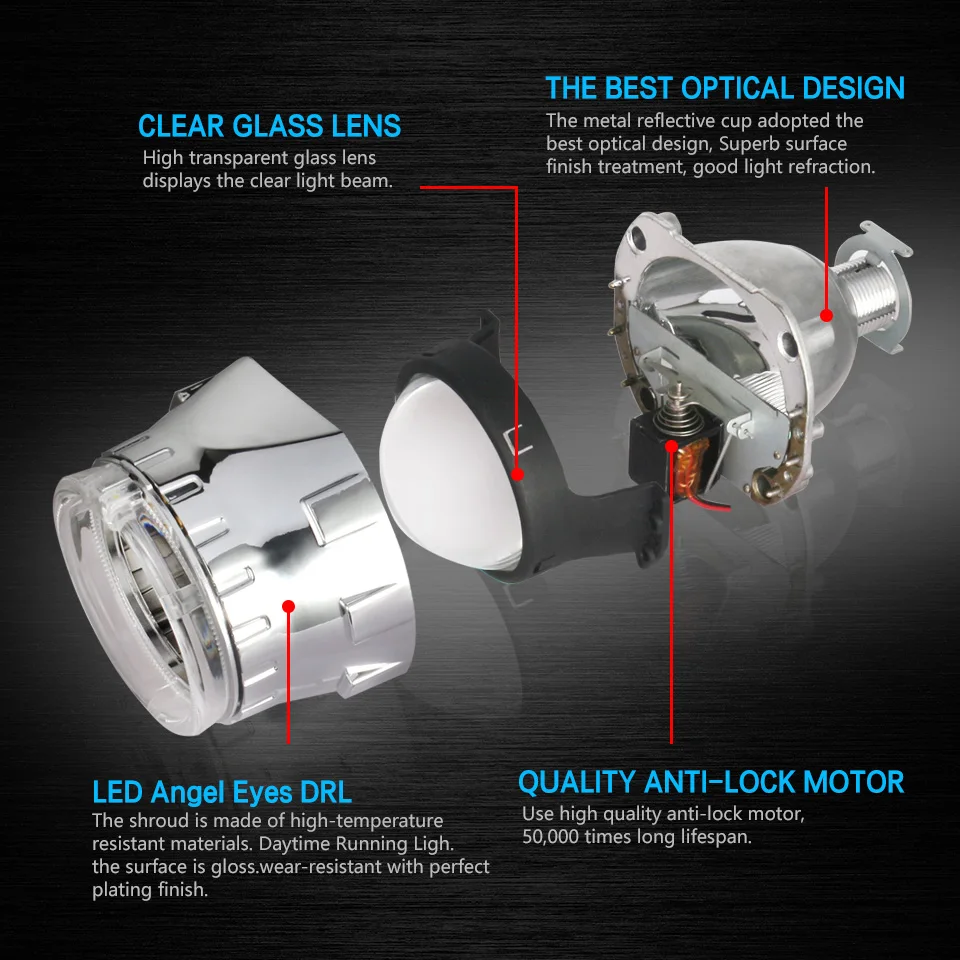 KAFOLEE 2.5 inch Mini Bi -Xenon HID Projector Headlight Lens Retrofit Fit H4 H7 Car Head Lamp 9005 9006 W/Daytime lights running |