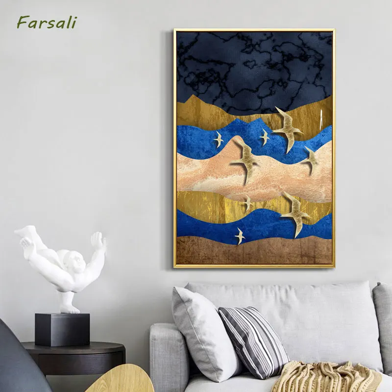 Abstract Moon Wall Art Canvas Painting Golden Mountain Birds Nordic Posters and Prints Pictures for Living Room Home Décor | Дом и сад