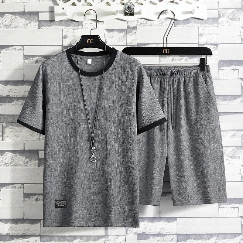 

Ice Silk Track Suit Men's Summer New Loose Large Casual Pants Sportswear Short Sleeve Capris Two Piece Set Jacket Tracksuit Hot