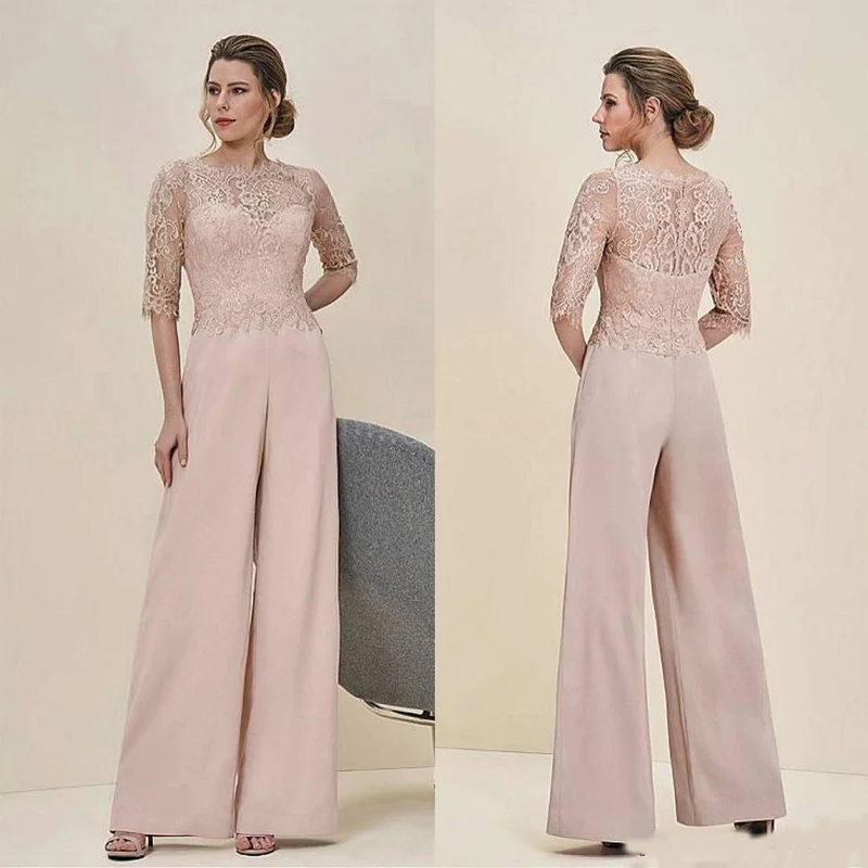 

Cheap Jumpsuits Lace Mother Of The Bride Pant Suits Bateau Neck Half Sleeves Wedding Guest Dress Chiffon Plus Size Mothers Groom