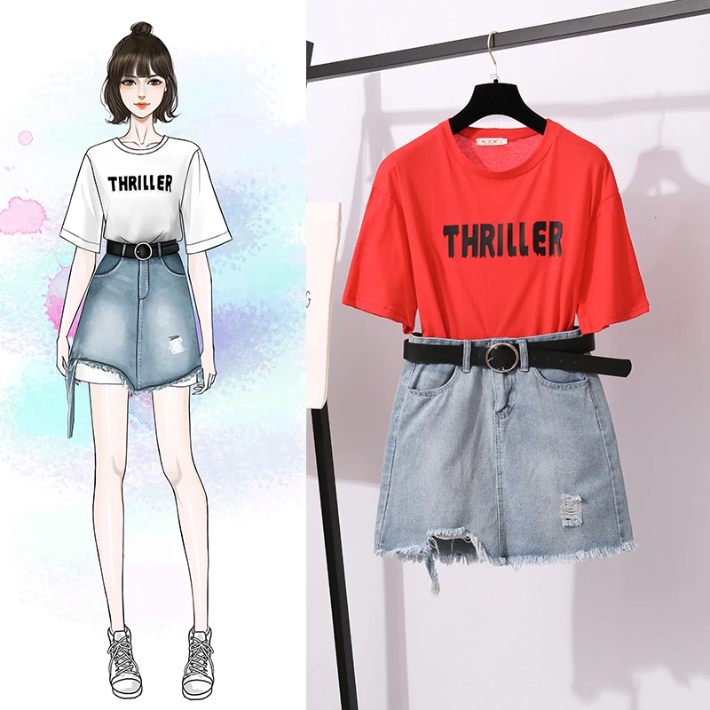 New Summer 2 Piece Set Fashion Women's Red Letters Print Girl Loose Long T-shirt + Jeans Tassel Hole Bodycon Skirt Sets |