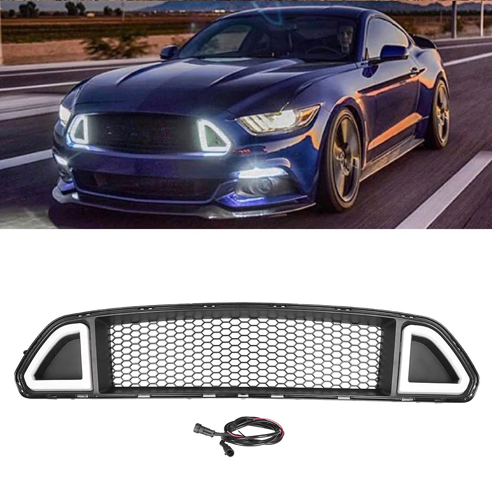 Car Front Grille w/ LED Light Lamp For Ford Mustang 2015 2016 2017 Center Mesh Grill Replacement ABS Plastic