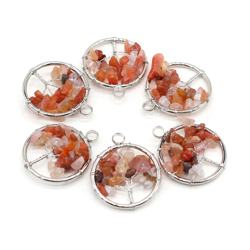 

Tree of Life Natural Round Stone Agate Winding Silver Wire Pendant Reiki Healing Red Agates Charms for Jewelry Making DIY Crafts