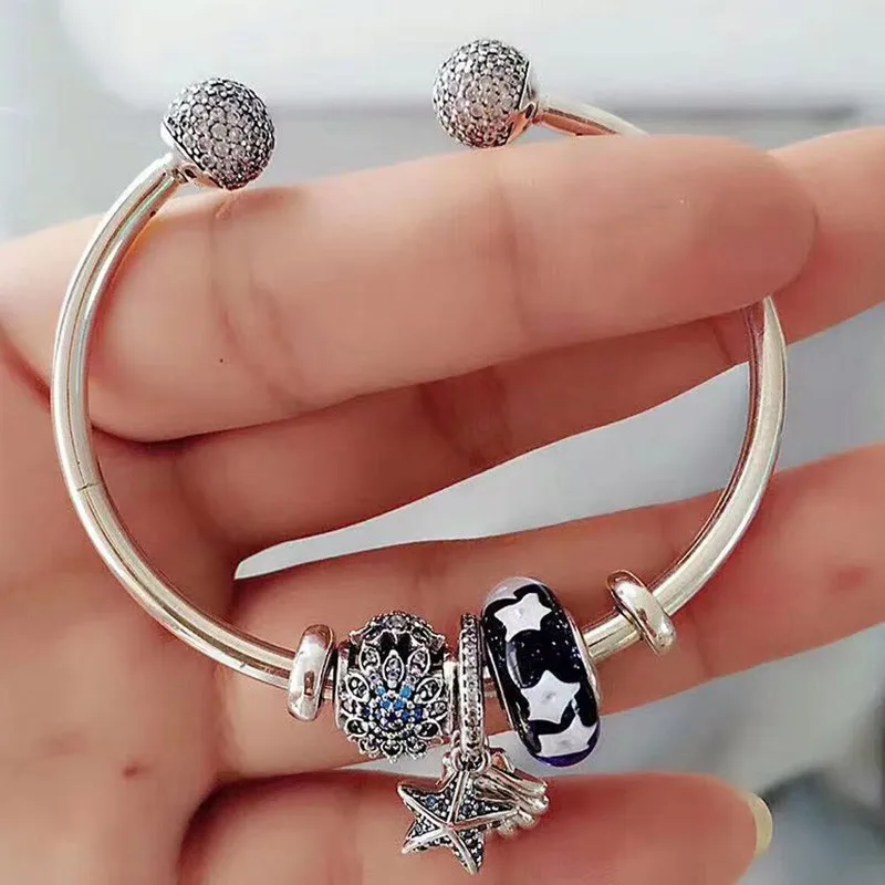 

Original S925 Sterling Silver Blue Starfish Pendant With Star Cat Eyes And Open Bracelet For Women's Wedding Party Diy Jewelry