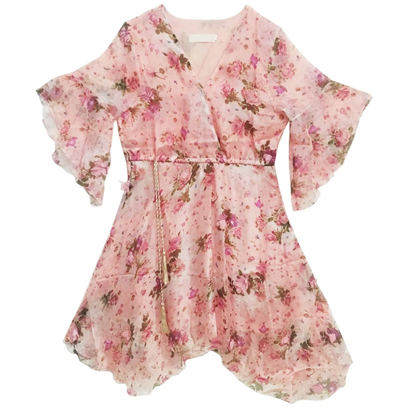 

Summer Sexy Chiffon V-Neck Mini dress women fashion Floral Butterfly Sleeve dress Vintage Chiffon Ruffles dress women