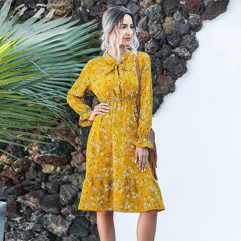 

2020 Autumn Spring Vintage Chiffon Dress Elastic Waist Yellow Bow-neck Long Sleeve Midi Floral Print dresses Jupe Femme Female