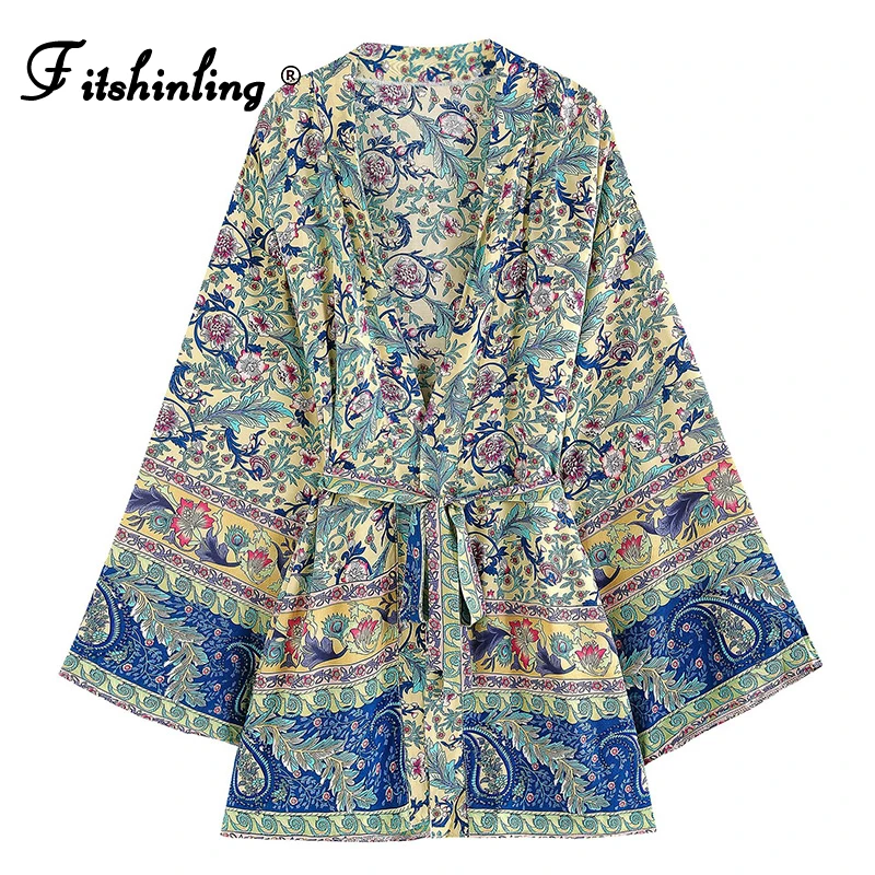 

Fitshinling Bohemian Women Kimono Cotton Good Quality Slim Big Sleeve Beach Cover Up With Sashes Vintage Print Floral Cardigan