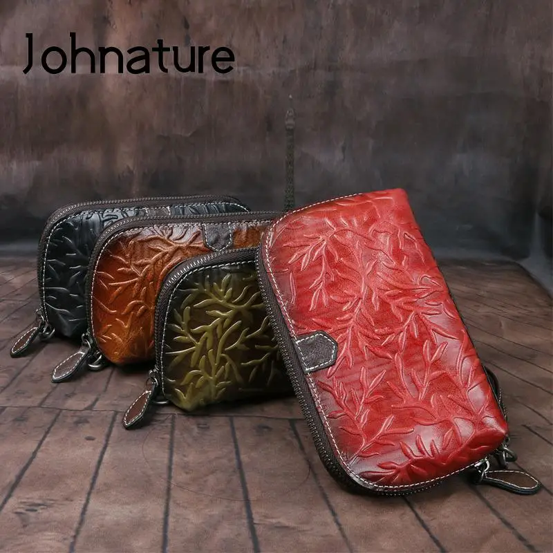 

Johnature Retro Genuine Leather Hand Wallet 2022 New Handmade Embossing Women Nature Cowhide Purses Leisure Day Clutches