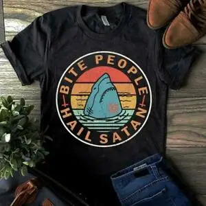

Vintage Shark Bite People Hail Satan Men T Shirt 033248