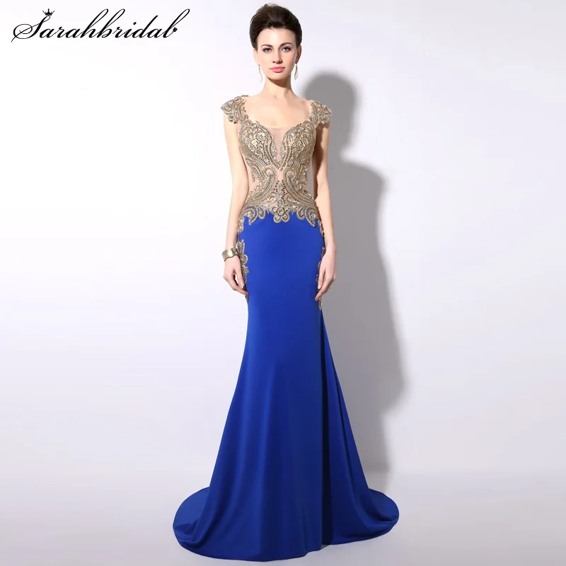 

In Stock Elegant Prom Gown Beads Embroidery Sexy Sweep Train Evening Party Dress Illusion Square Trumpet Robe De Soiree YD003