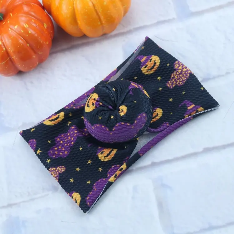 

10pcs/lot , 19*10cm Halloween Spider Web Bubble Cloth Child Headband stripe Printed pumpkin bat Candy Dot Party Hair Tie