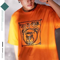 summer trend line bear print mens short sleeved t shirt cotton loose oversized five point sleeves orange casual high street
