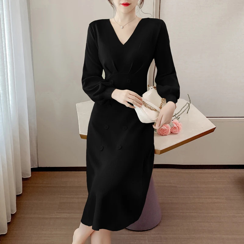 Женское трикотажное платье-свитер с V-образным вырезом и длинным рукавом |