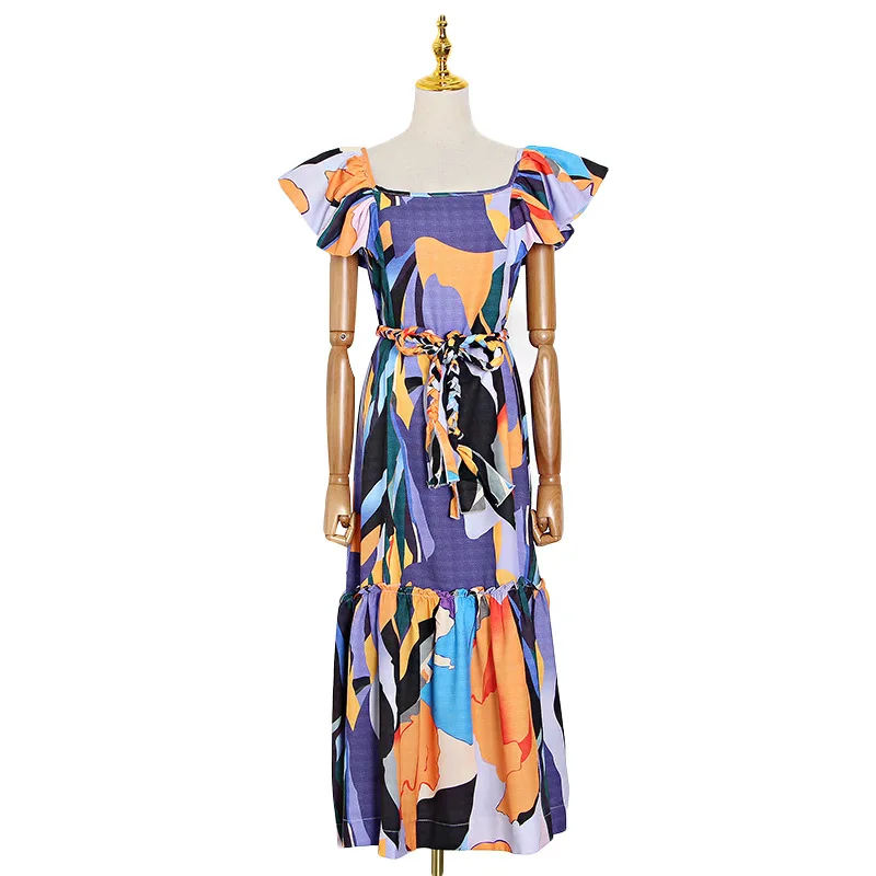 

Chao brand summer new woven belt lace-up waist round neck flying sleeve printed contrast dress women