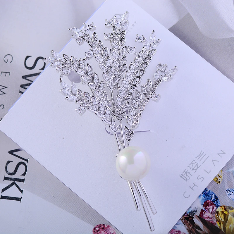 Белые Броши из пшеницы для женщин и мужчин модный костюм с кристаллами жемчугом