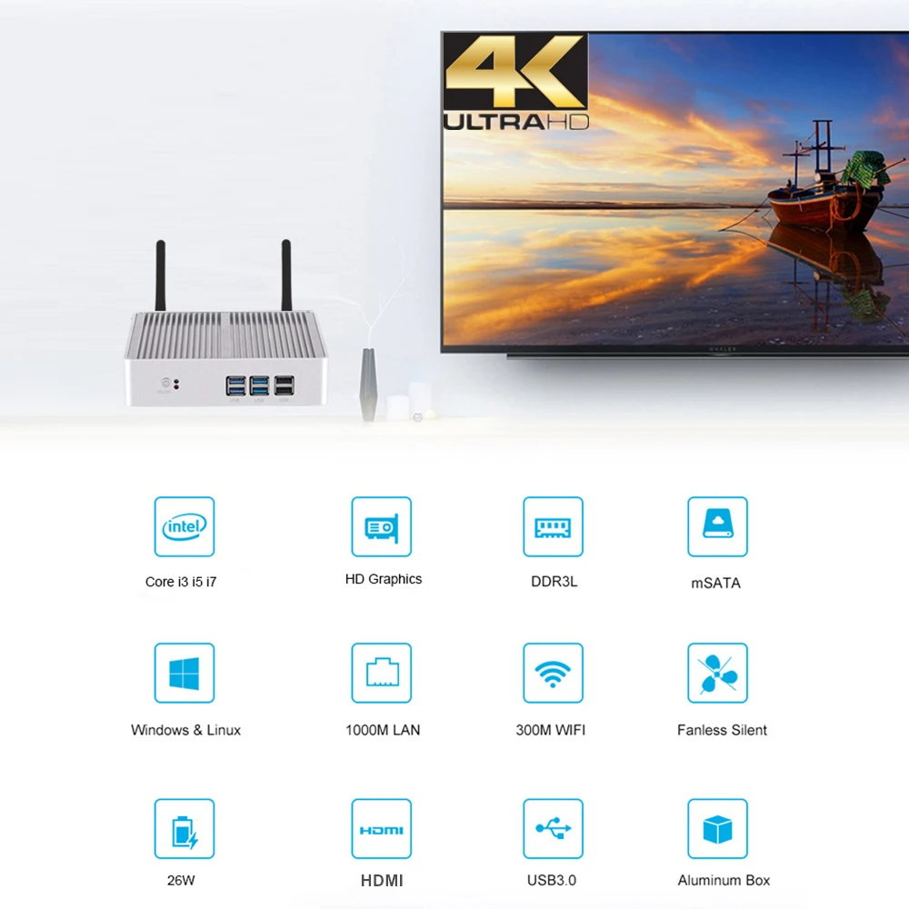 Topton бытовой безвентиляторный мини-ПК Intel Core i3 5005U i5 7200U DDR4 16 Гб HD graphics 620 4K HTPC HDMI VGA дисплей порт низкая мощность
