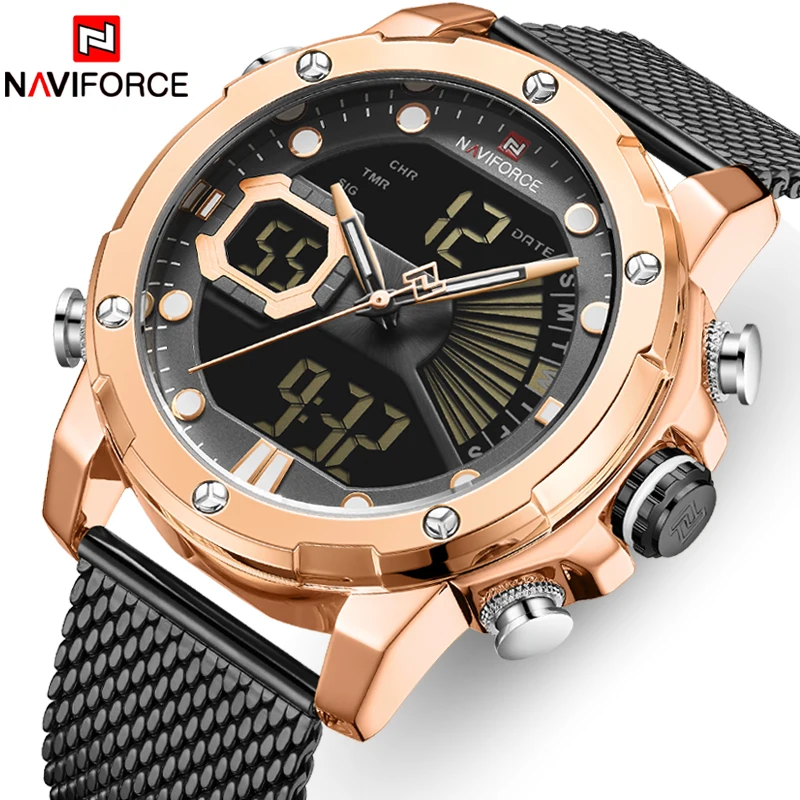 Лидирующий бренд NAVIFORCE Мужские Аналоговые Цифровые кварцевые часы с двойным