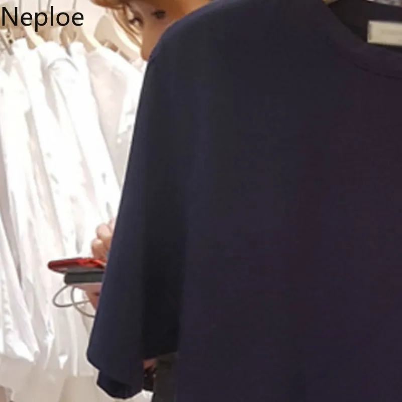 Neploe Женские топы с оборками в стиле пэчворк, новые футболки с круглым вырезом и коротким рукавом, Свободные корейские Популярные однотонные хлопковые футболки 43778