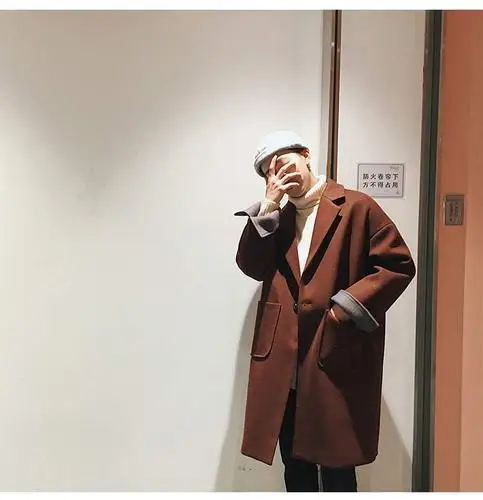 YASUGUOJI Новое модное свободное Однотонное шерстяное длинное зимнее пальто больших размеров мужское утолщенное шерстяное пальто для мужчин - Цвет: wind red DY1707