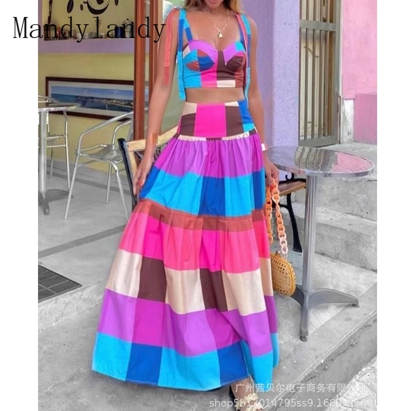 

Mandylandy Summer V-neck Backless Lace-up Spaghetti Strap Top + High Waist Pleated Skirt Suit Women Sexy Plaid Striped Slim Suit