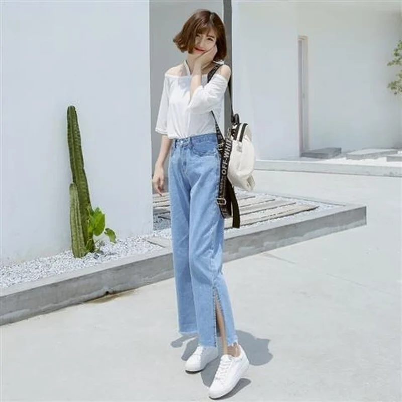 

Women's jeans 2021 autumn new mother jeans solid color high waist straight open nine-point pants