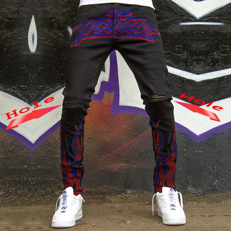 Мужские рваные джинсы скинни черные штаны-карандаш стрейч из денима мужские