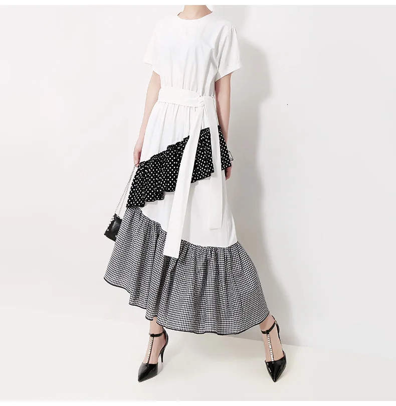 [EAM] New Spring Summer Round Neck Short Sleeve Hem Dot Irregular Plaid Printed Loose Dress Women Fashion Tide JT0880
