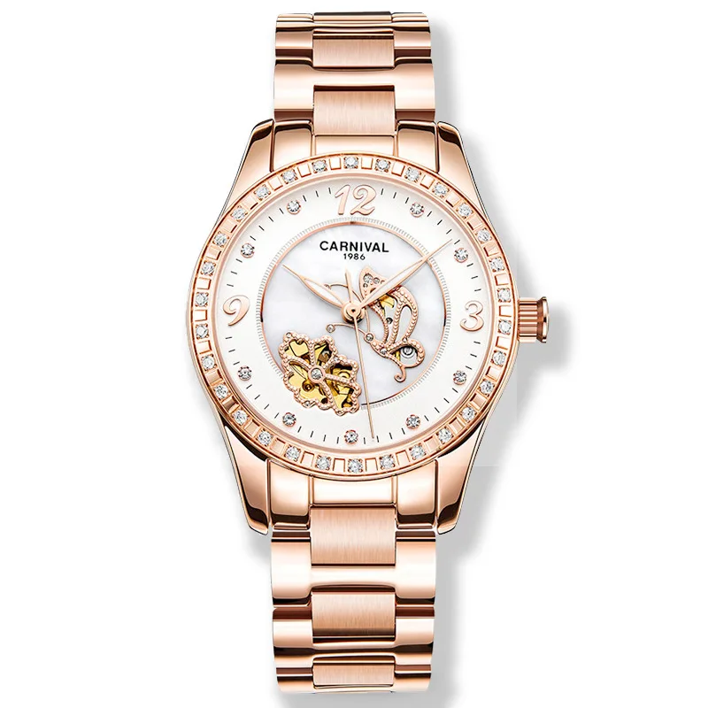 Reloj Mujer, карнавальные автоматические часы для женщин, модные механические Женские наручные часы, розовое золото, роскошный бренд, часы с скелетом - Цвет: rose gold white