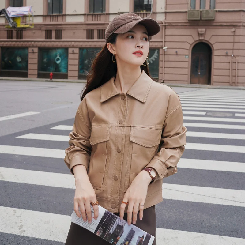

Autumn 2021 New Brown Leather Coat Chic Korean Style Short High Quality PU Washed Jackets Women's Loose All-Matching Graceful