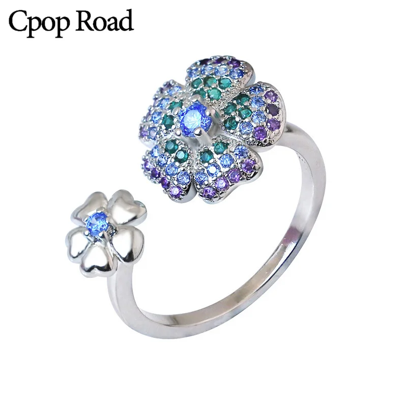 Женское Обручальное кольцо с цветком обручальное серебряного цвета зеленым и