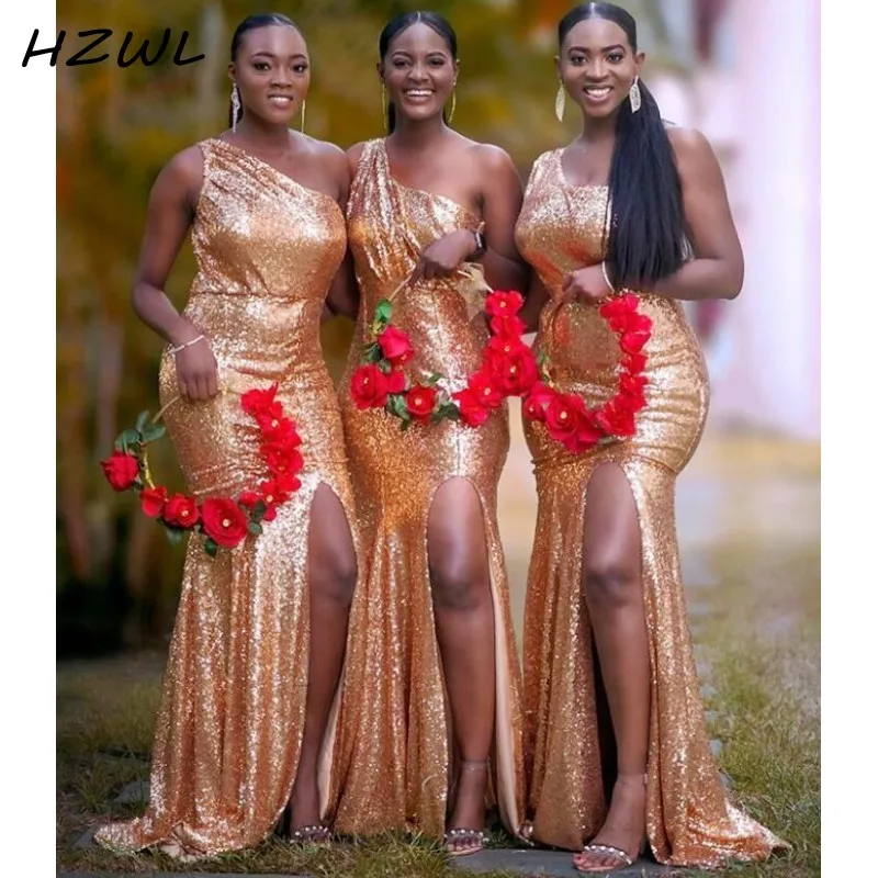 

Gold Sequined Mermaid Bridesmaid Dresses Side Split One Shoulder African Maid Of Honor Dresses Mermaid Wedding Guest Vestidos