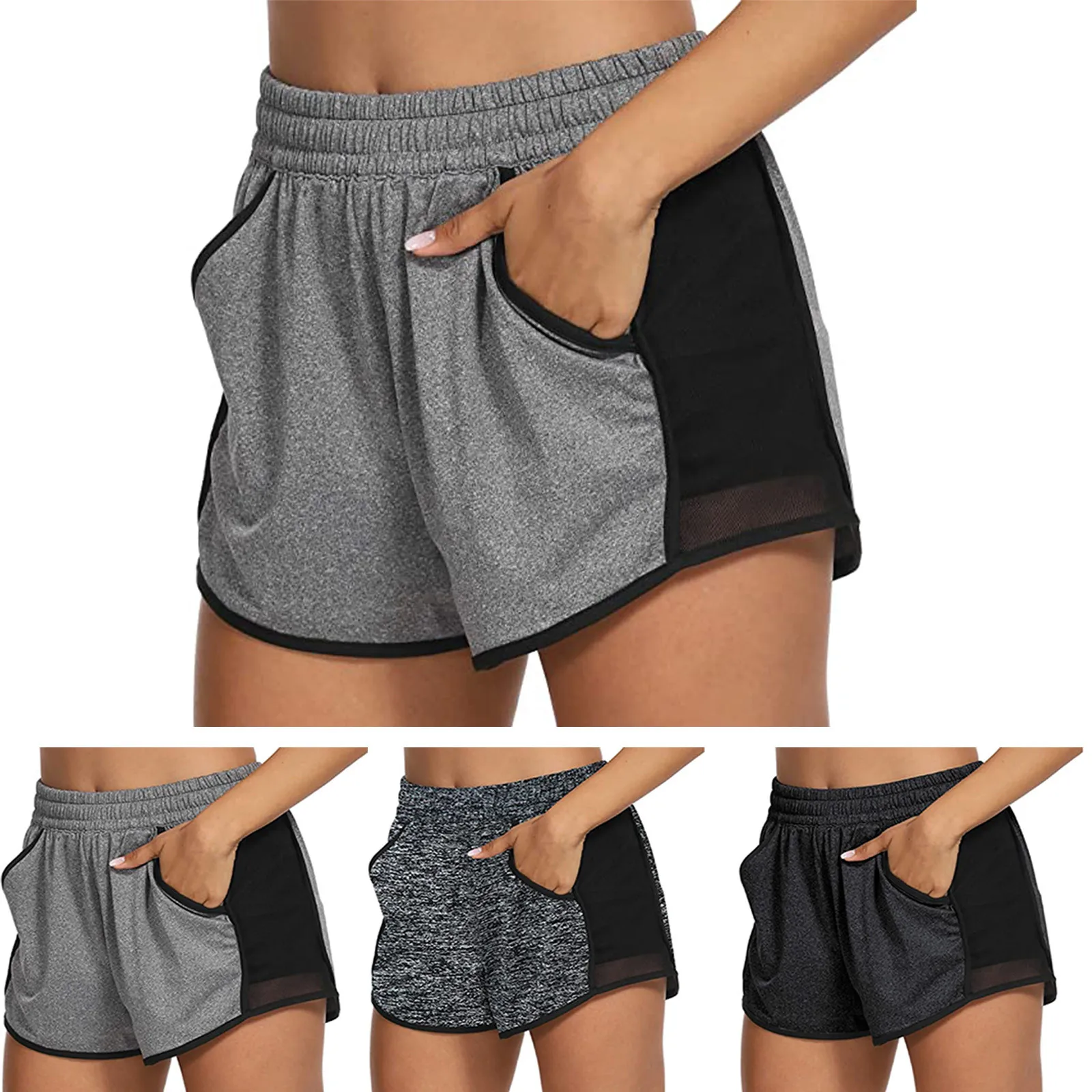 

High Waist Women Running Shorts Stitching Color Summer Fashion Ladies Pocket Fitness Jogging Workout Bodybuilding Shorts 2021