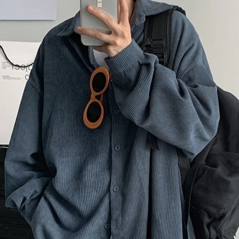 Autumn Corduroy Shirt Men's Fashion Solid Color Retro Casual Shirts Mens Streetwear Wild Loose Long-sleeved Shirt Men M-2XL