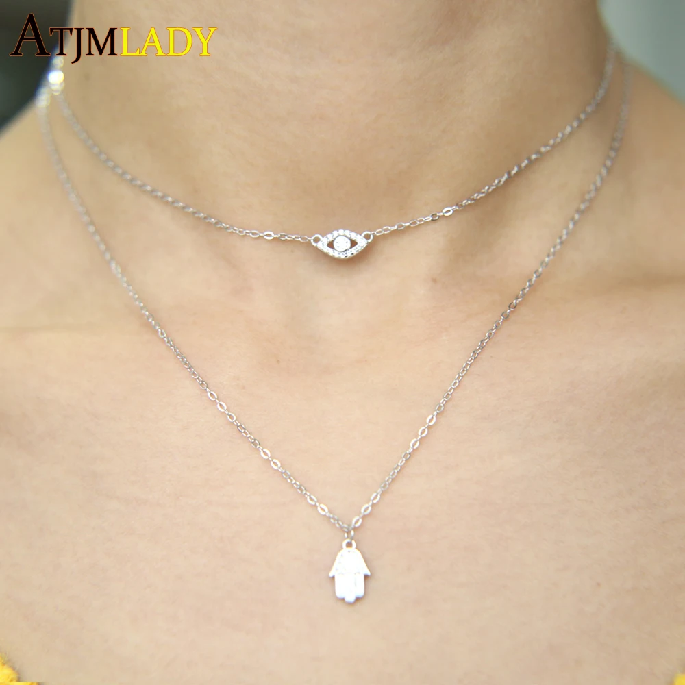 Колье 100% Стерлинговое Серебро 925 пробы колье Хамса рука сглаза шарм Cz подвеска