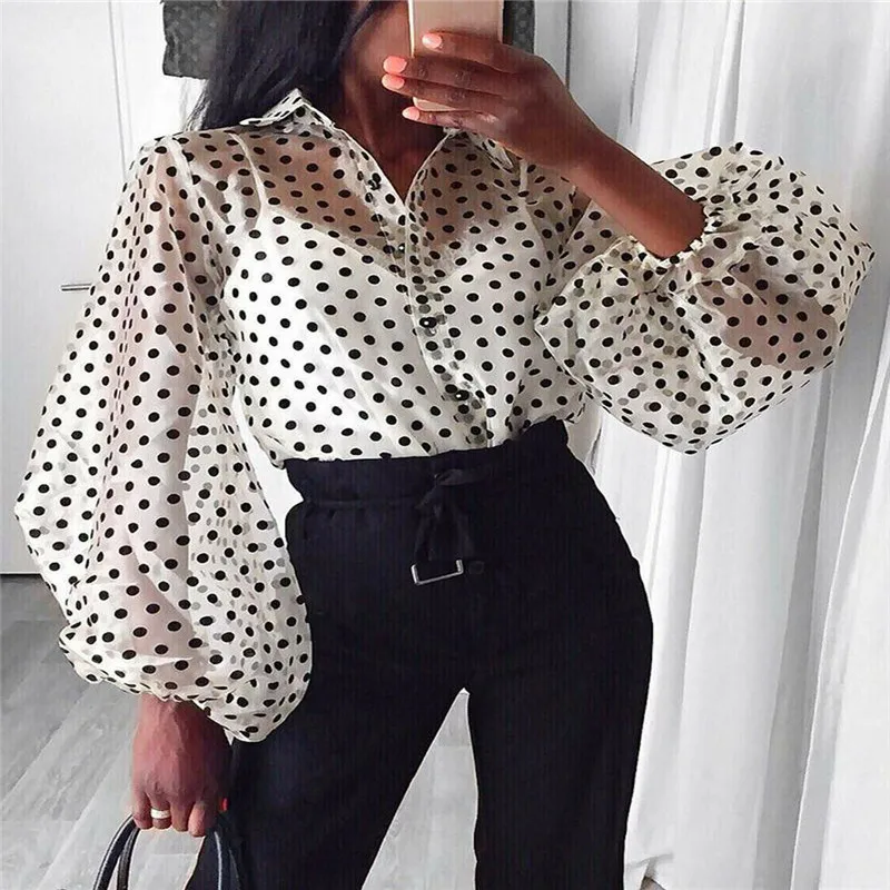 

Women Fashion V-neck Sheer Mesh T-shirts Sexy Lantern Sleeve Tops Vintage Polka Dot Printed Sleeve Perspective T-shirt Lady Tops