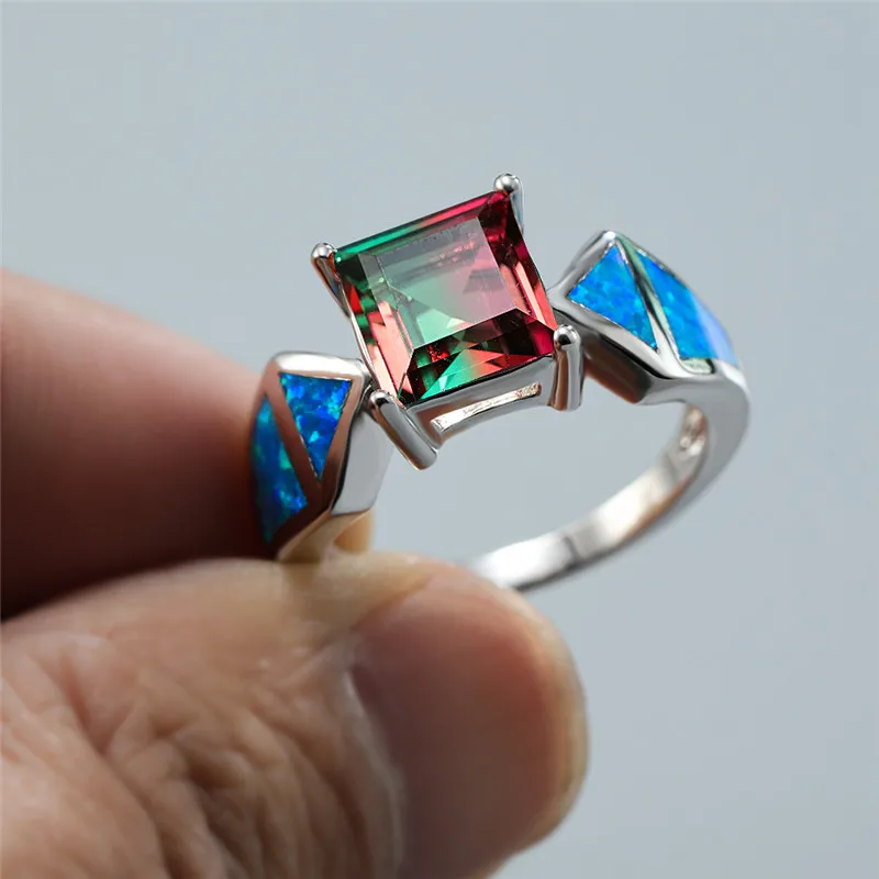 

8MM Square Rainbow Gradient Zircon Ring White Gold Blue Fire Opal Engagement Rings For Women Wedding Jewelry Bridal Luxury Gifts