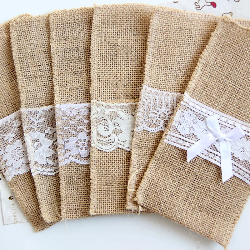 

Wholesale 100pcs vintage Jute Hessian Burlap Linen lace Cutlery Pouch Knife And Fork Bag For Wedding Party Decoration