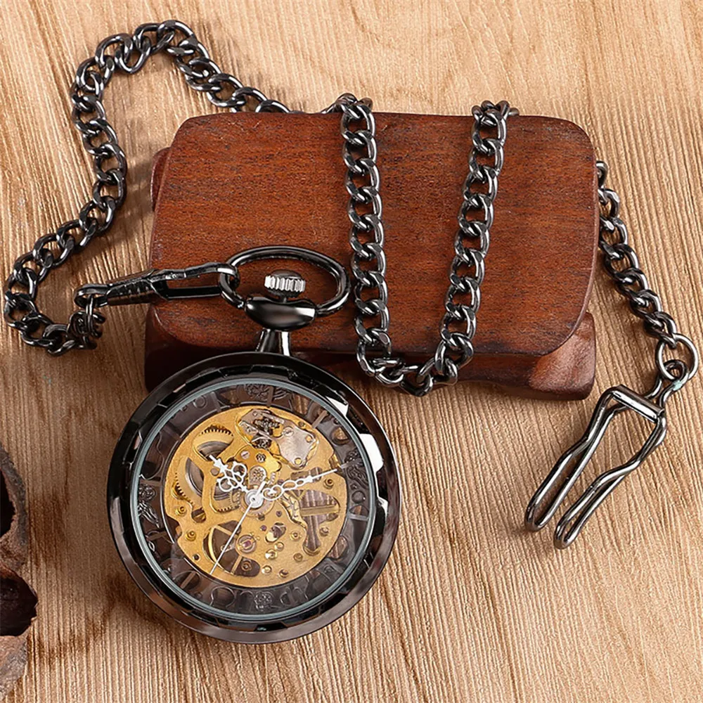 Transparent Hollow Manual Mechanical Pocket Watch Bronze/Black Open Face Pendant Hand Winding Mechanism Pocket Clock Gifts Male