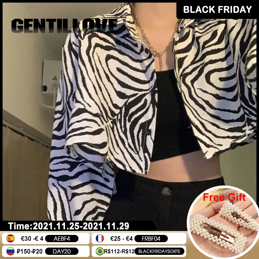 

Korean Fashion Leopard Print Women Shirt Long Sleeve Turn Down Collar Cardigan Zebra Crop Top Chic Hip Hop Teen Girls Blouse