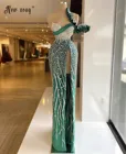 Женское вечернее платье-русалка, блестящее длинное платье на одно плечо с разрезом сбоку и бусинами, платье для выпускного вечера, 2021