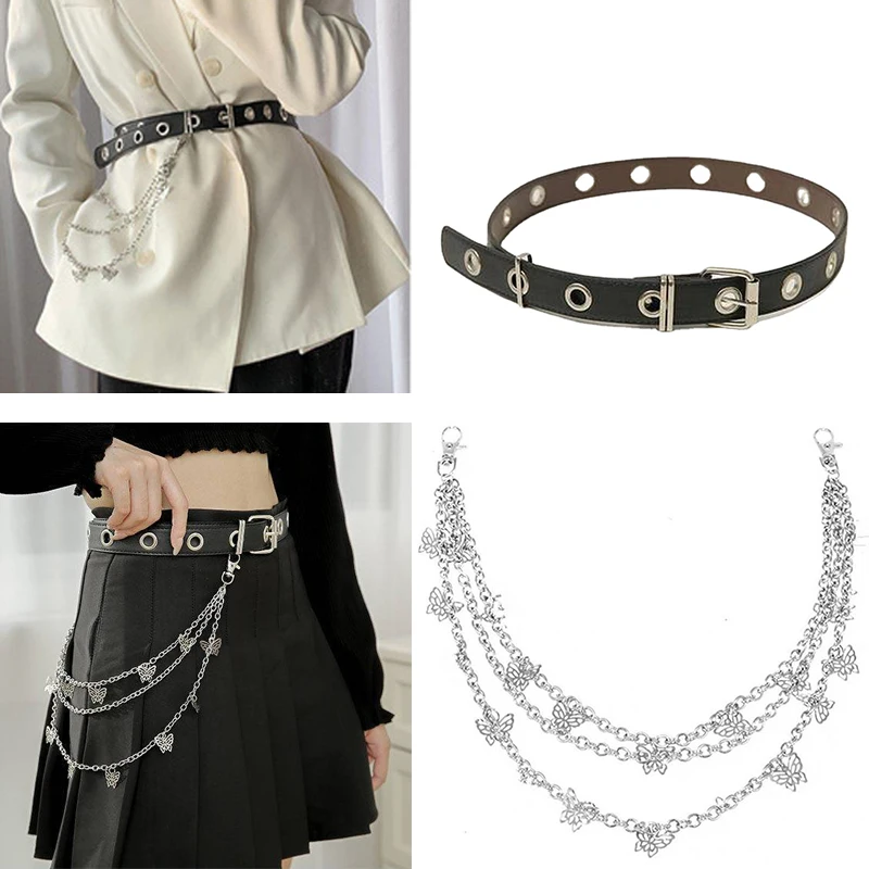 

Punk Metal Pants Waist Multi Layer Butterfly Chain Belt Hip Hop Gold Silver Trousers Hipster Key Chain Jewelry Accessories