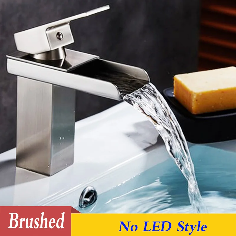 Brushed no LED POIQIHHY Водопад кран Led хром латунь Ванная раковина кран на бортике смеситель Носик раковина кран - Цвет: Brushed no LED