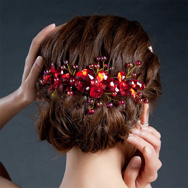 Модный Красный Кристалл бусины лентой Свадебные украшения для волос Средства по